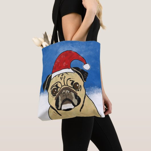 Pug Dog in Sneeuwkerstfeest Kunstportret Tote Bag (Dichtbij)