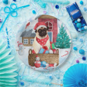 Pug Dog In snow Christmas Dog House Papieren Bordje (Feest)