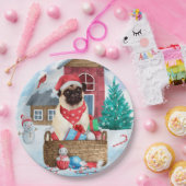 Pug Dog In snow Christmas Dog House Papieren Bordje (Feest)