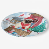 Pug Dog In snow Christmas Dog House Papieren Bordje (Gekanteld)