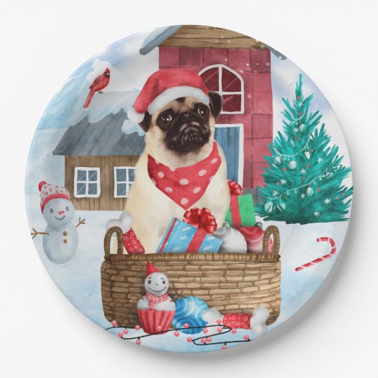 Pug Dog In snow Christmas Dog House Papieren Bordje (Voorkant)