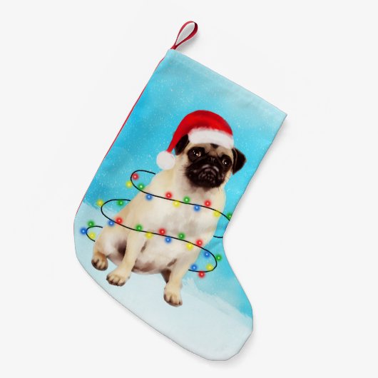 Pug Dog in Snow Christmas Pet Lights Kleine Kerstsok (Voorkant (Hangend))