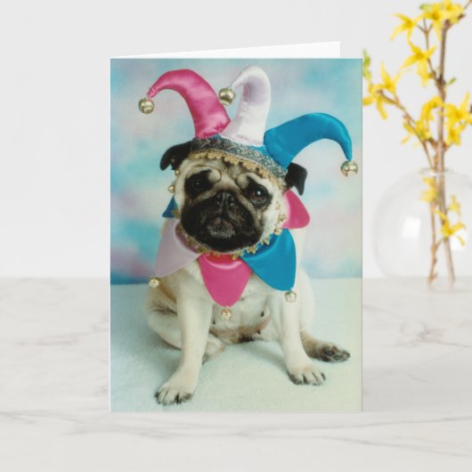 Pug Dog Jester Clown Kaart (Gele Bloem)