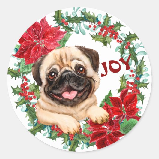 Pug Dog Joy Poinsettia Kerstmis Wreath Ronde Sticker (Voorkant)