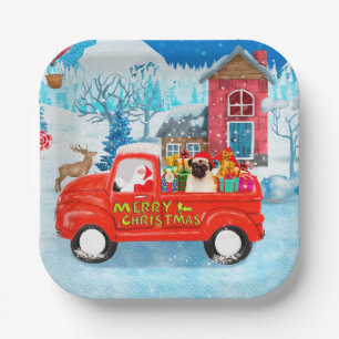 Pug Dog kerstbezorging vrachtwagen sneeuw Papieren Bordje