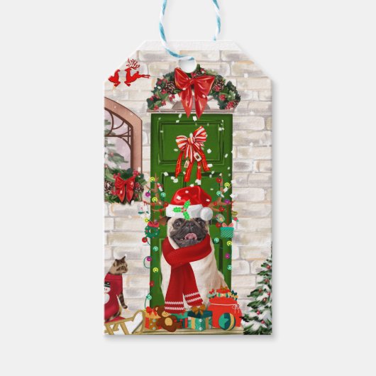 Pug Dog Kerstmis Cadeaulabel (Voorkant)