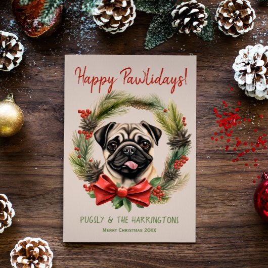 Pug Dog Kerstmis Gelukkige Pawholidays Feestdagenkaart
