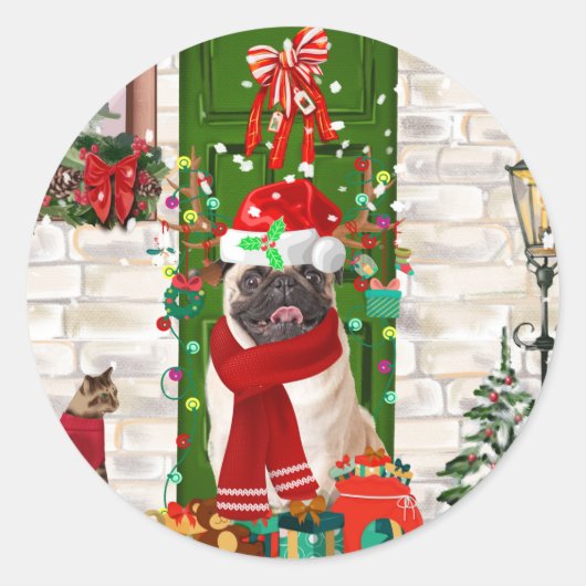Pug Dog Kerstmis Ronde Sticker (Voorkant)