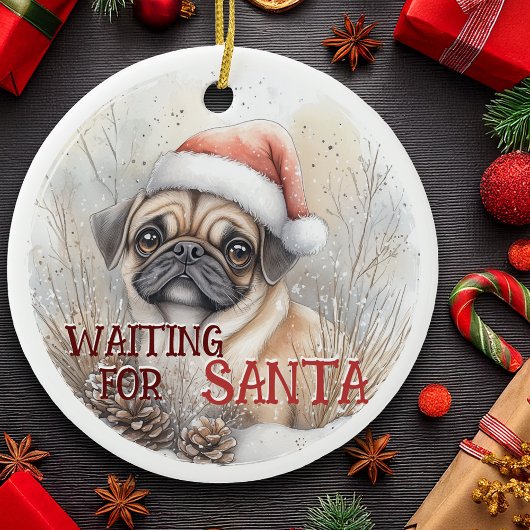 Pug Dog Kerstmis Wachten op Santa Dog Waterverf Keramisch Ornament