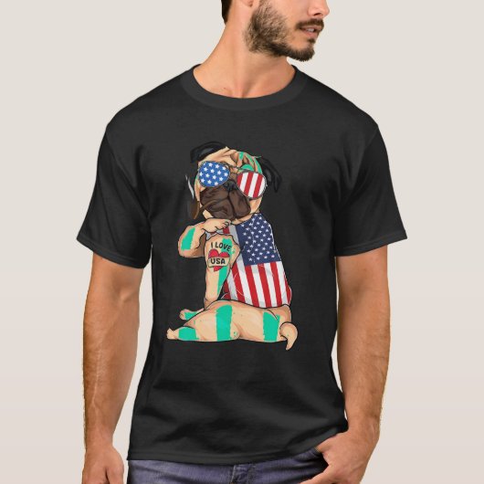 Pug dog Merica 4 juli Amerikaanse vlag mannen w T-shirt (Voorkant)