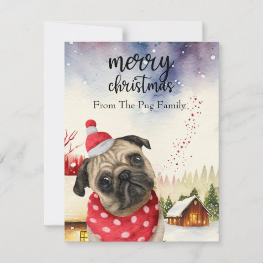 PUG Dog Merry Kerstmis op Red Gold marble Feestdagenkaart (Voorkant)