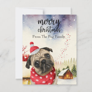 PUG Dog Merry Kerstmis op Red Gold marble Feestdagenkaart