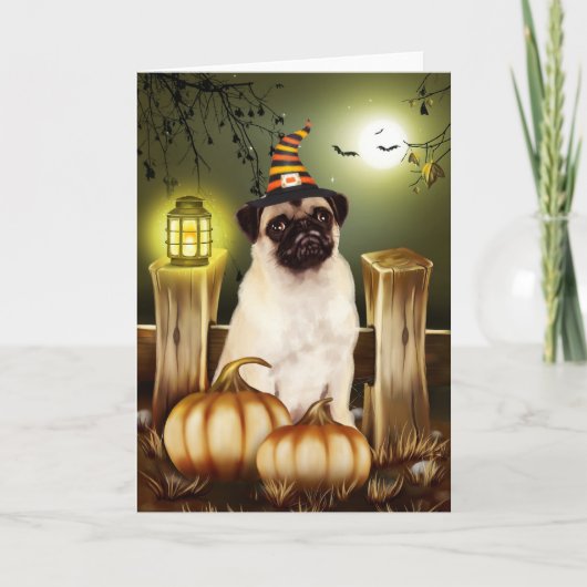 Pug Dog met Heks Pet Halloween Kaart (Voorkant)