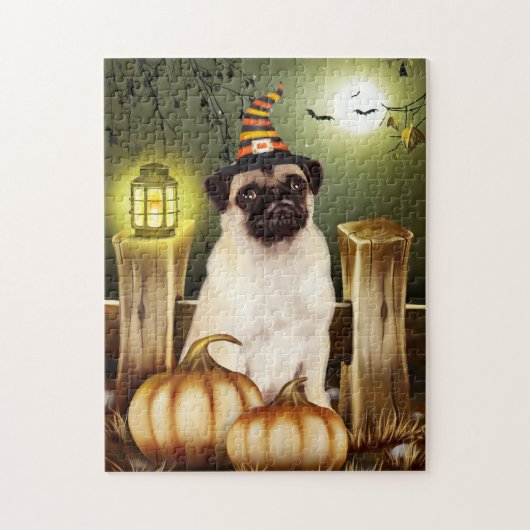 Pug Dog met Heks Pet Halloween Legpuzzel (Verticaal)