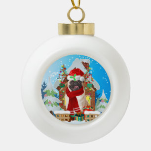 Pug dog met kerstcadeaus keramische bal ornament