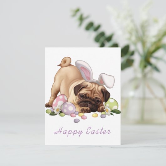 Pug Dog met paasnieren Feestdagenkaart (Staand voorkant)