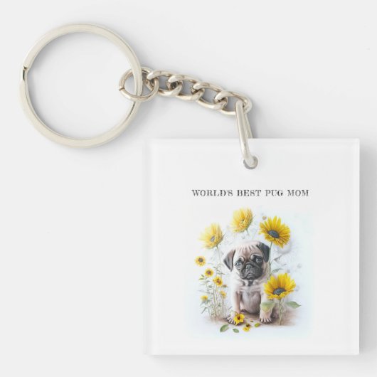 Pug Dog Mom Schattigee Waterverf Bloemen Gepersona Sleutelhanger (Voorkant)