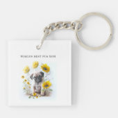 Pug Dog Mom Schattigee Waterverf Bloemen Gepersona Sleutelhanger (Achterkant)