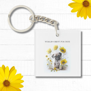 Pug Dog Mom Schattigee Waterverf Bloemen Gepersona Sleutelhanger