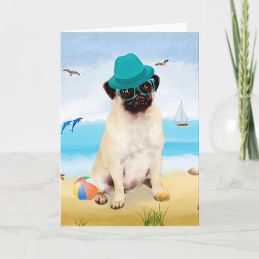 Pug Dog on Beach Kaart (Voorkant)