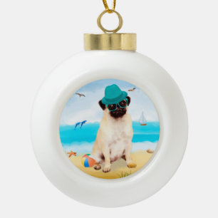 Pug Dog on Beach Keramische Bal Ornament