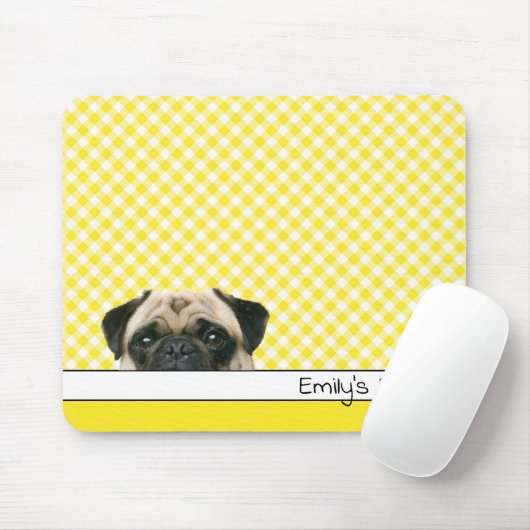 Pug Dog op Yellow Gingham Muismat (Met muis)