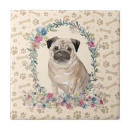 Pug Dog Paw Print Floral Cute Beige Tegeltje