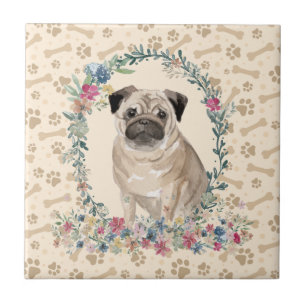 Pug Dog Paw Print Floral Cute Beige Tegeltje