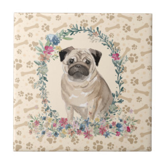 Pug Dog Paw Print Floral Cute Beige Tegeltje