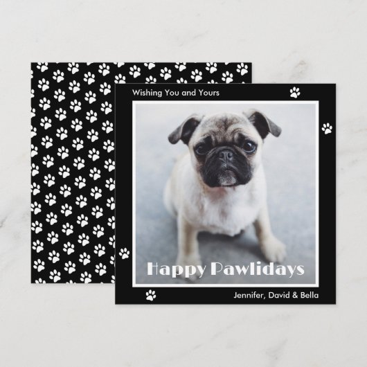 Pug Dog Paw Prints Pet Photo Black Holiday Card Feestdagenkaart (Voorkant / Achterkant)