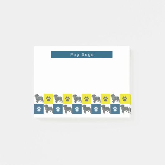 Pug Dog & Paw Yellow & Blue Grid Silhouette Post-it® Notes (Voorkant)