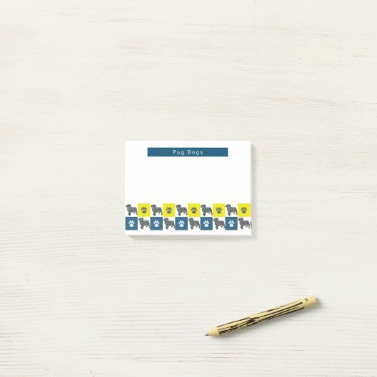 Pug Dog & Paw Yellow & Blue Grid Silhouette Post-it® Notes (Op bureau)