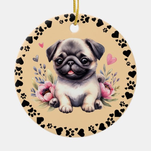 Pug Dog Paws Hearts Lijst Pet Foto Toscaans Keramisch Ornament (Voorkant)