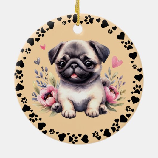 Pug Dog Paws Hearts Lijst Pet Foto Toscaans Keramisch Ornament (Achterkant)