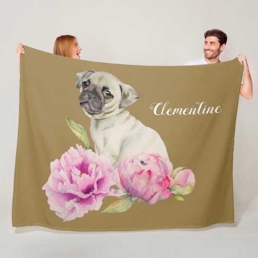 Pug Dog Peony Flower | Jouw namen toevoegen Fleece Deken (In situ)