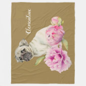 Pug Dog Peony Flower | Jouw namen toevoegen Fleece Deken (Voorkant)