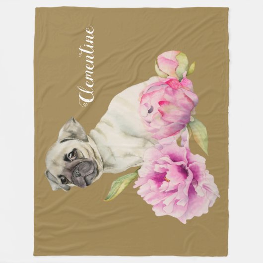 Pug Dog Peony Flower | Jouw namen toevoegen Fleece Deken (Voorkant)