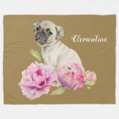 Pug Dog Peony Flower | Jouw namen toevoegen Fleece Deken (Voorkant (Horizontaal))