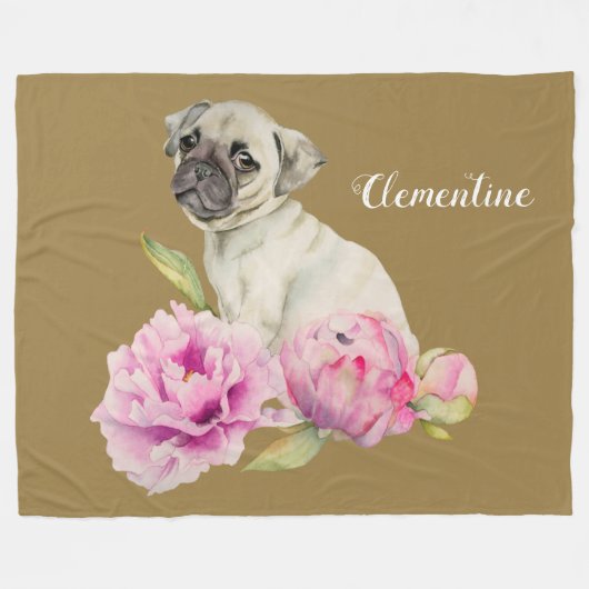 Pug Dog Peony Flower | Jouw namen toevoegen Fleece Deken (Voorkant (Horizontaal))