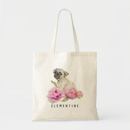 Pug Dog Peony | Jouw namen toevoegen Tote Bag (Voorkant)