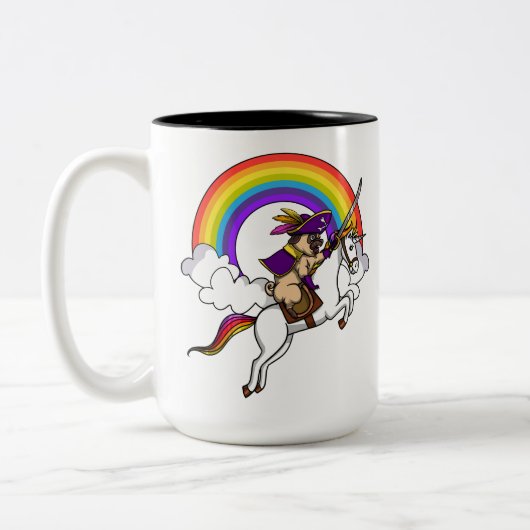 Pug Dog Pirate Riding Magical Unicorn Rainbow Tweekleurige Koffiemok (Links)