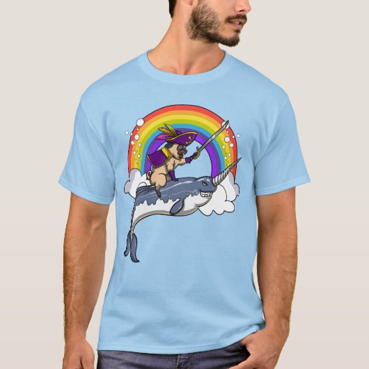 Pug Dog Pirate Riding Narwhal Fish Funny T-shirt (Voorkant)