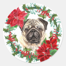 Pug Dog Poinsettia Holly Kerstmis Wreath Ronde Sticker