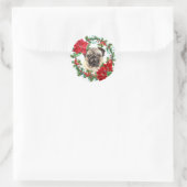 Pug Dog Poinsettia Holly Kerstmis Wreath Ronde Sticker (Tas)