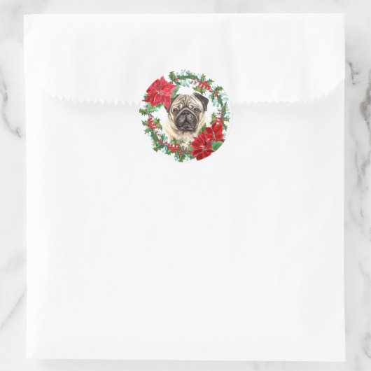 Pug Dog Poinsettia Holly Kerstmis Wreath Ronde Sticker (Tas)