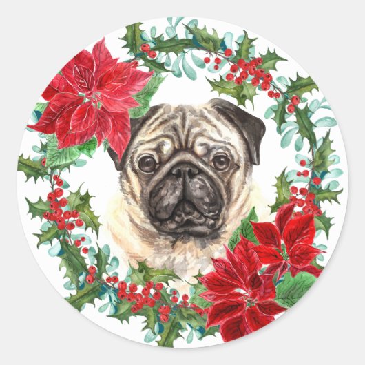 Pug Dog Poinsettia Holly Kerstmis Wreath Ronde Sticker (Voorkant)