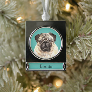 Pug Dog Portrait Aangepast Verzilverd Banner Ornament