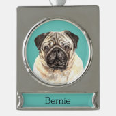 Pug Dog Portrait Persoonlijk Verzilverd Banner Ornament (Voorkant)