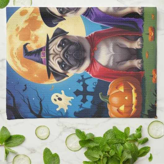 Pug Dog Pumpkin Halloween Grappig Theedoek (Gevouwen)