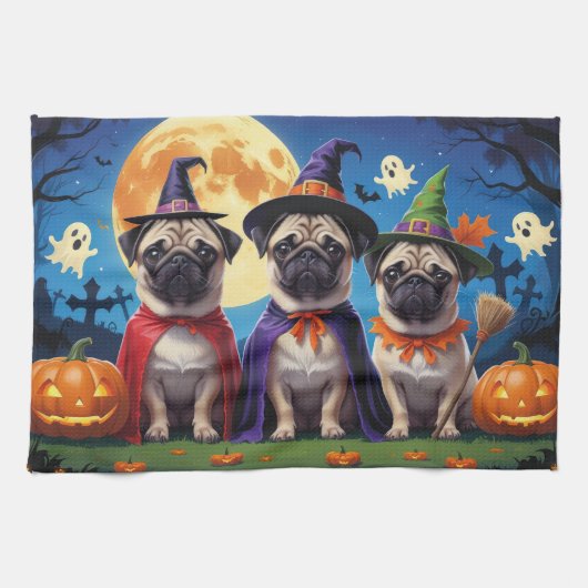 Pug Dog Pumpkin Halloween Grappig Theedoek (Horizontaal)